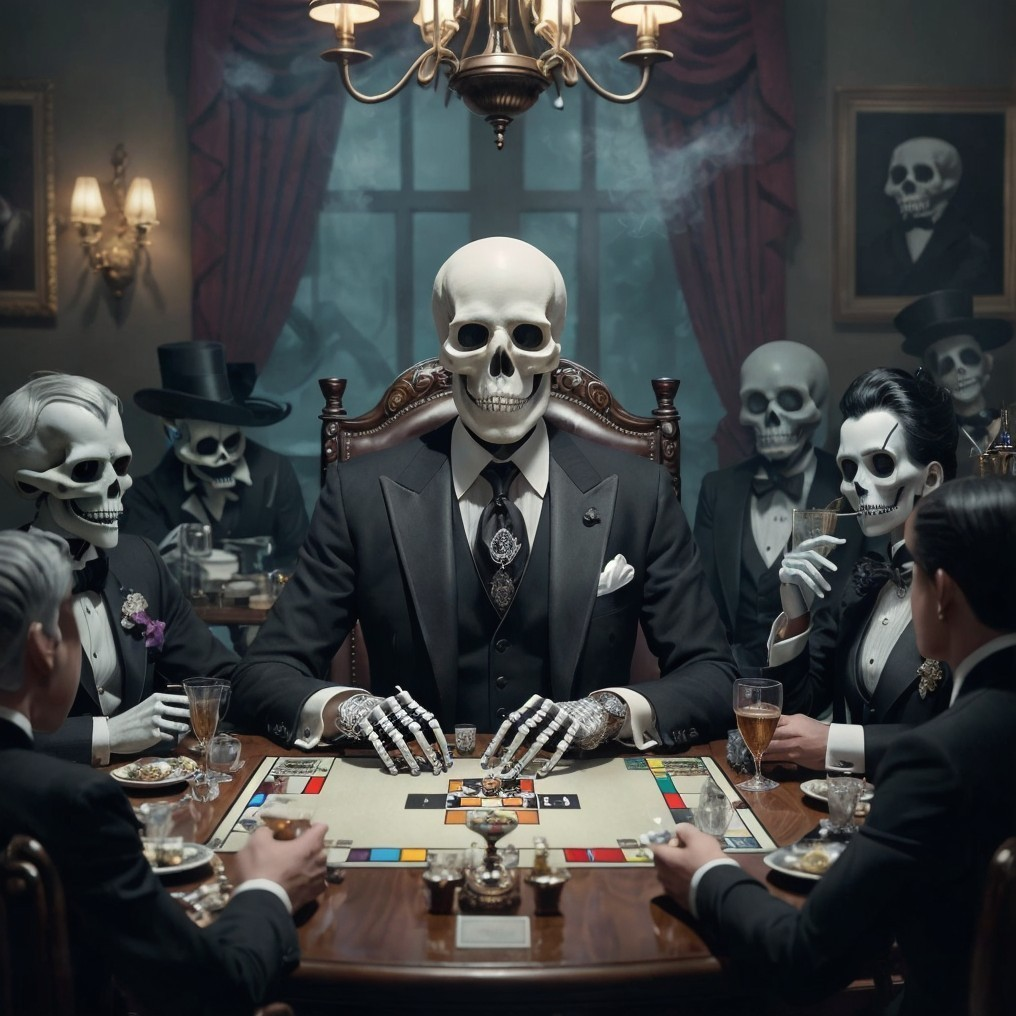 Gothic Skeletons Playing Monopoly in Elegant Setting