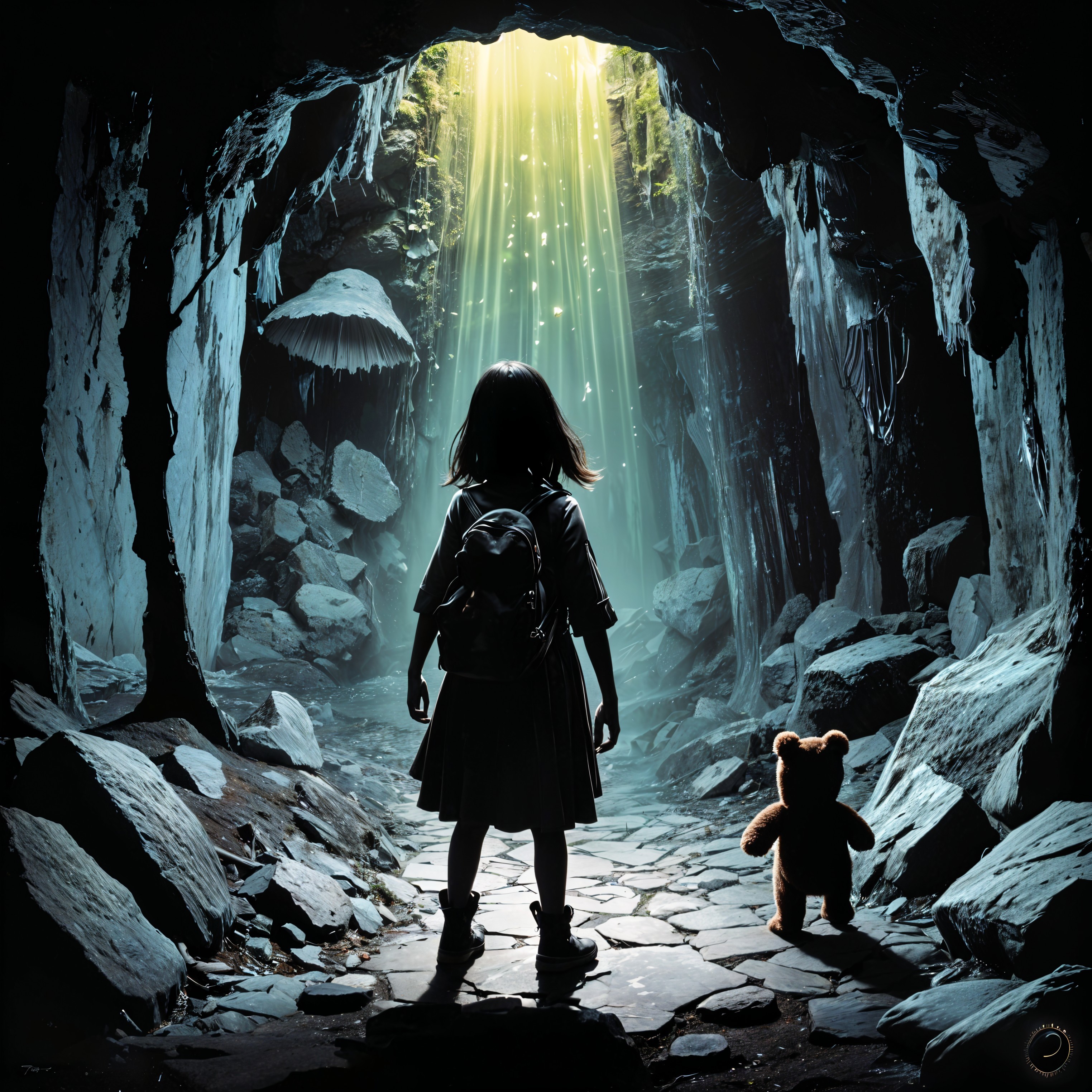 Young girl at cave entrance with teddy bear and light