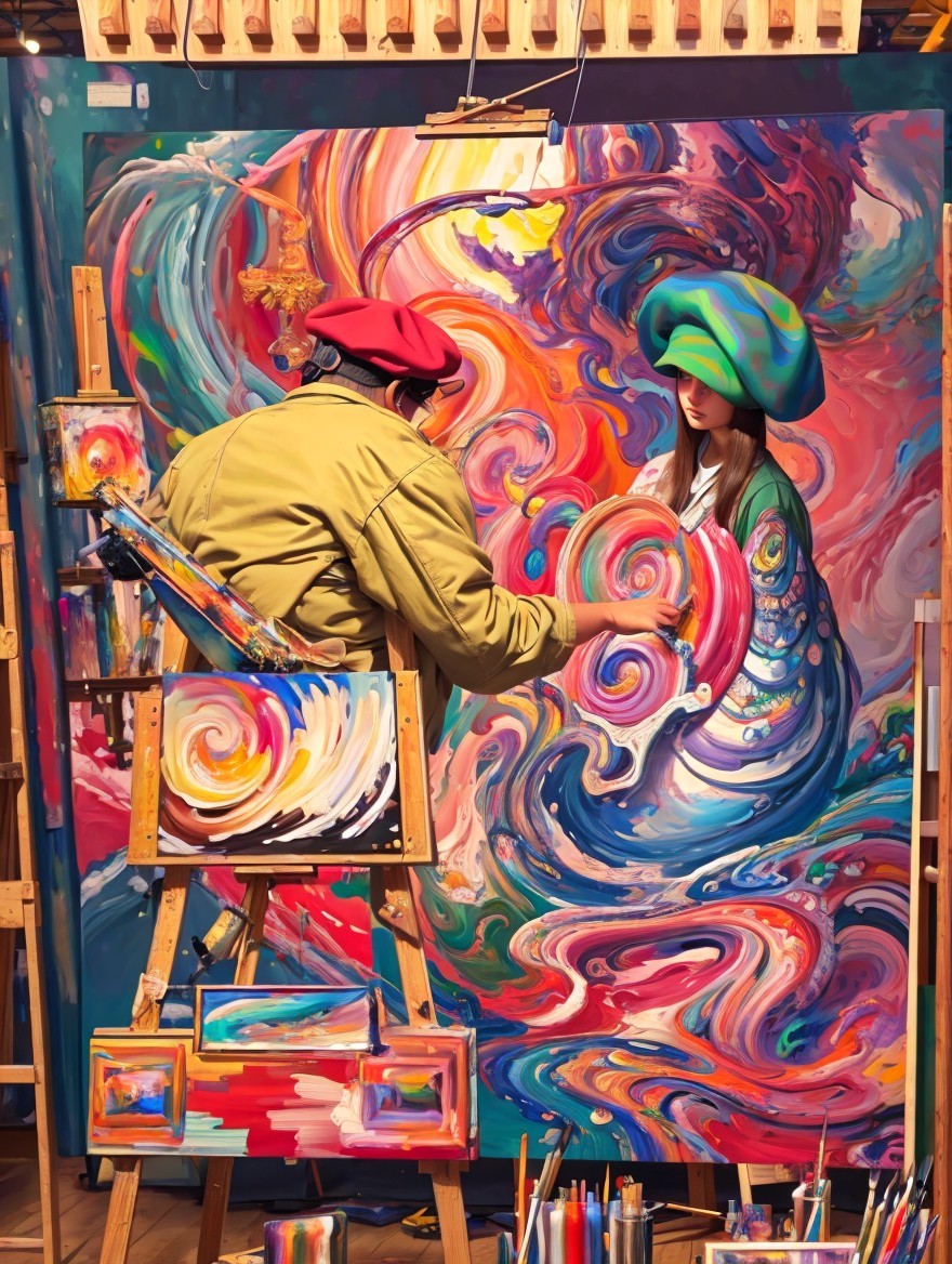 Colorful Abstract Mural with Artist and Young Woman