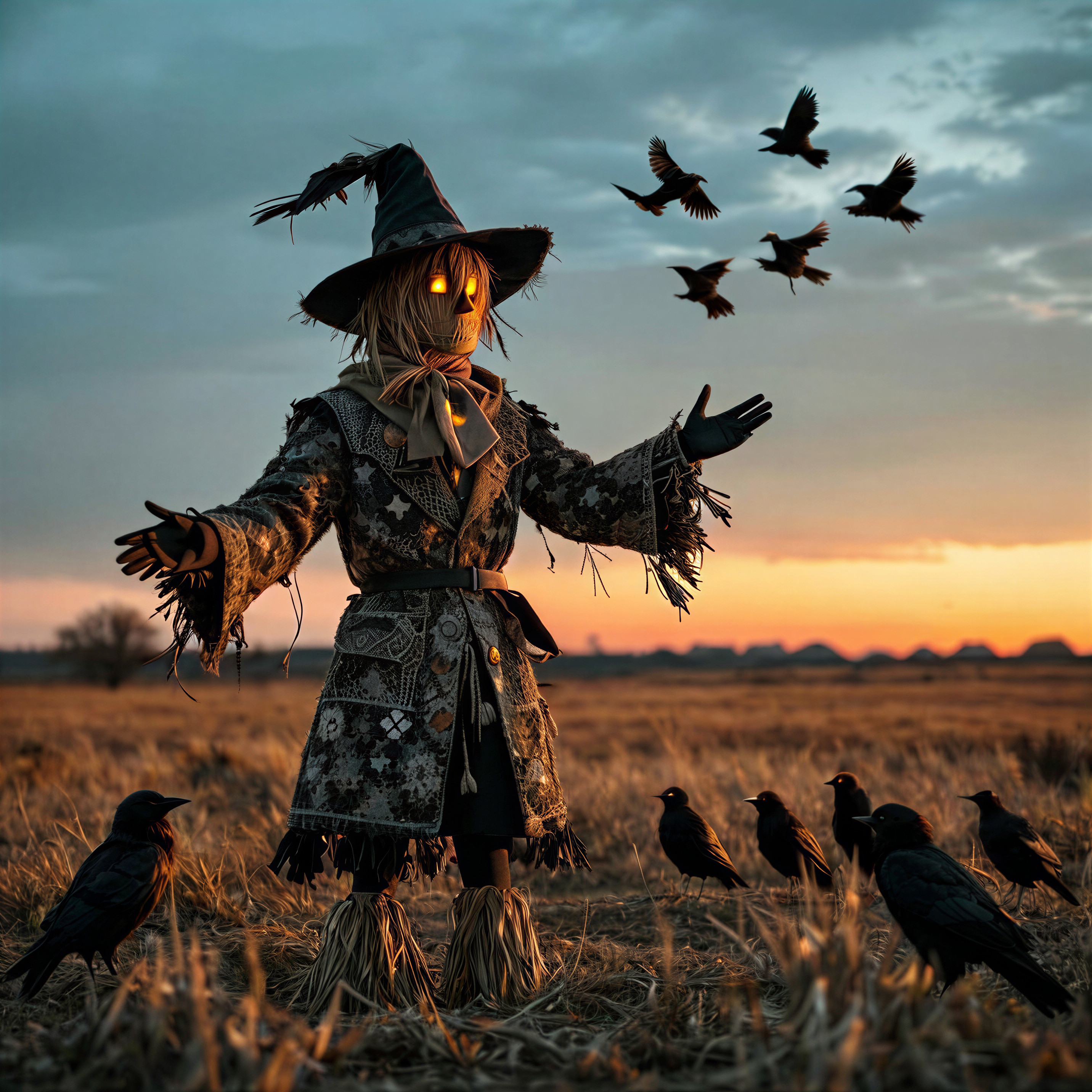 Scarecrow in Patterned Coat Surrounded by Crows at Sunset