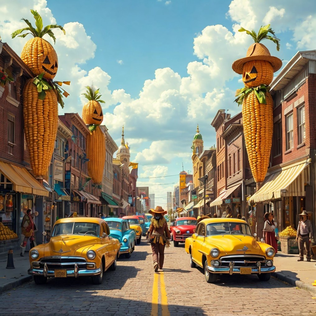 Vibrant street scene with carrot decorations and cars