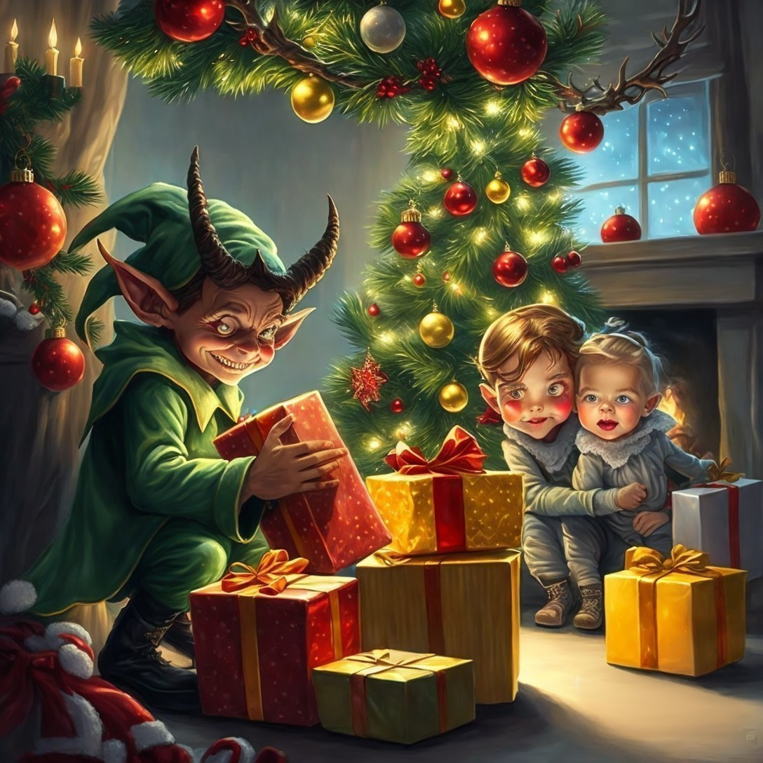 Mischievous Elf Surrounded by Christmas Presents and Children