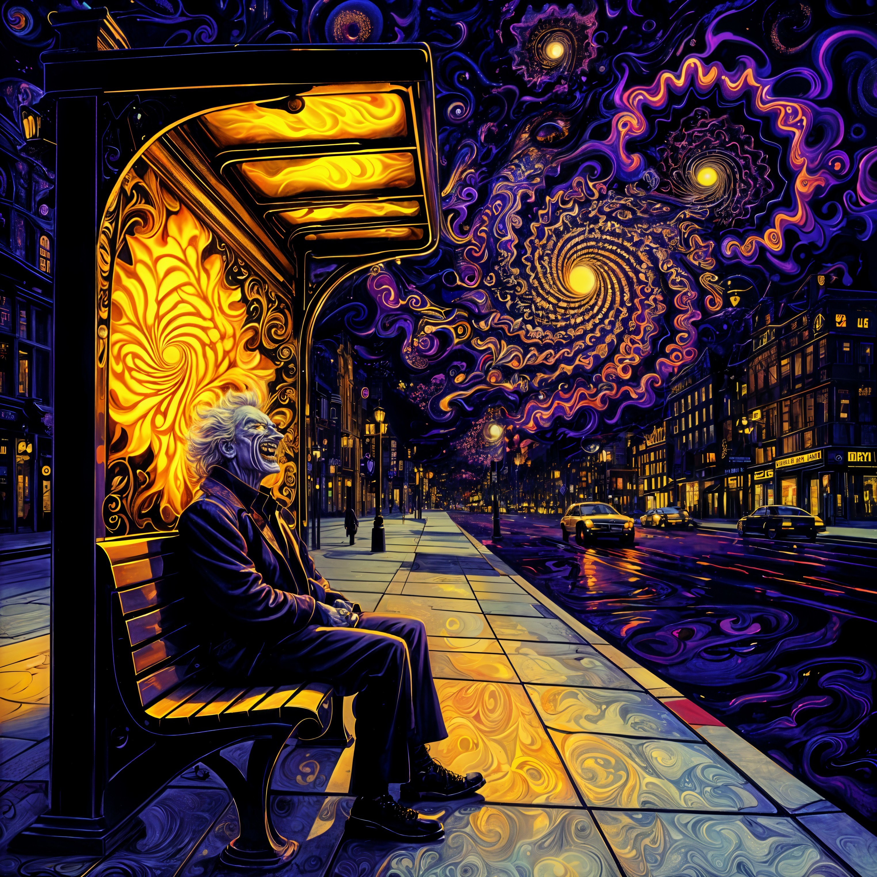 Man at Bus Stop Under Cosmic Night Sky