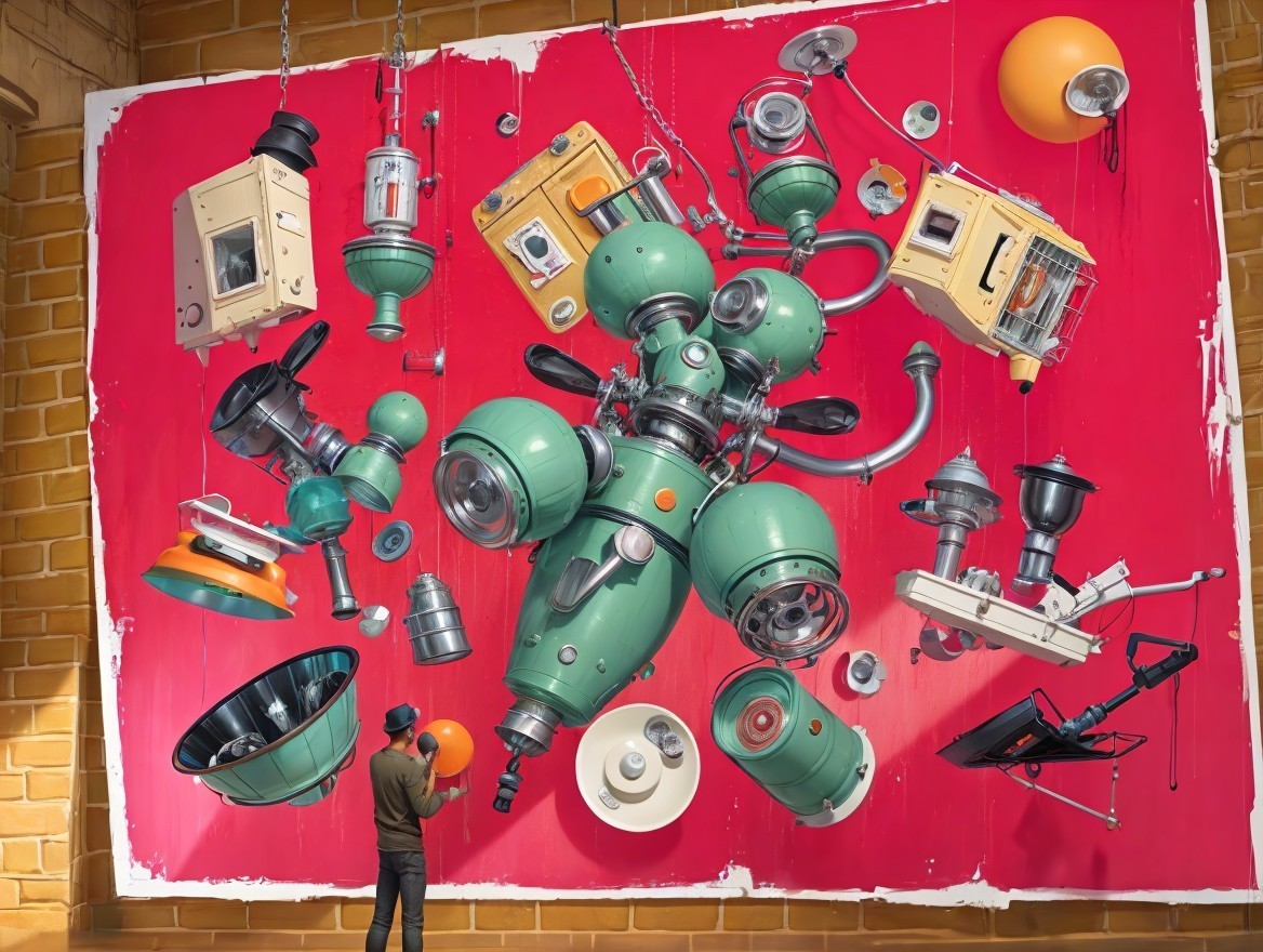 Vibrant Mural of Vintage Appliances on Bold Pink Background