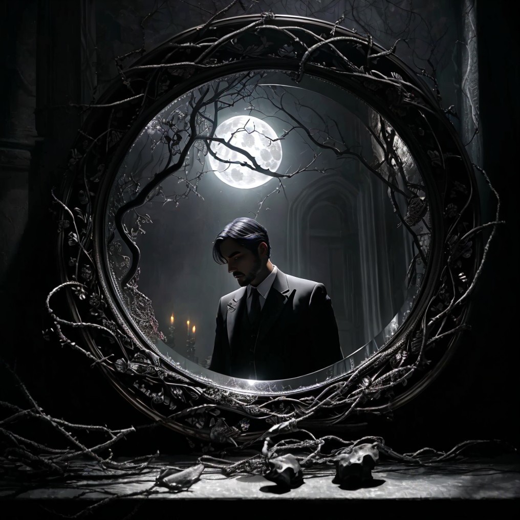 Gothic Scene with Man in Black Suit and Mirror
