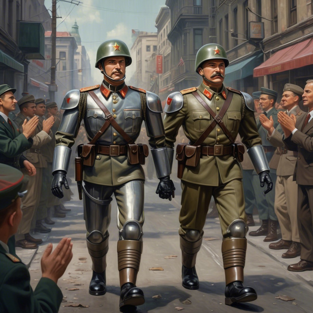 Military Figures in Armor Amidst Celebratory Crowd