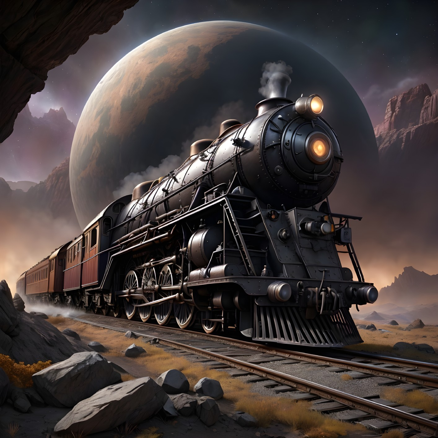 Steam Locomotive in Rugged Landscape with Cosmic Planet