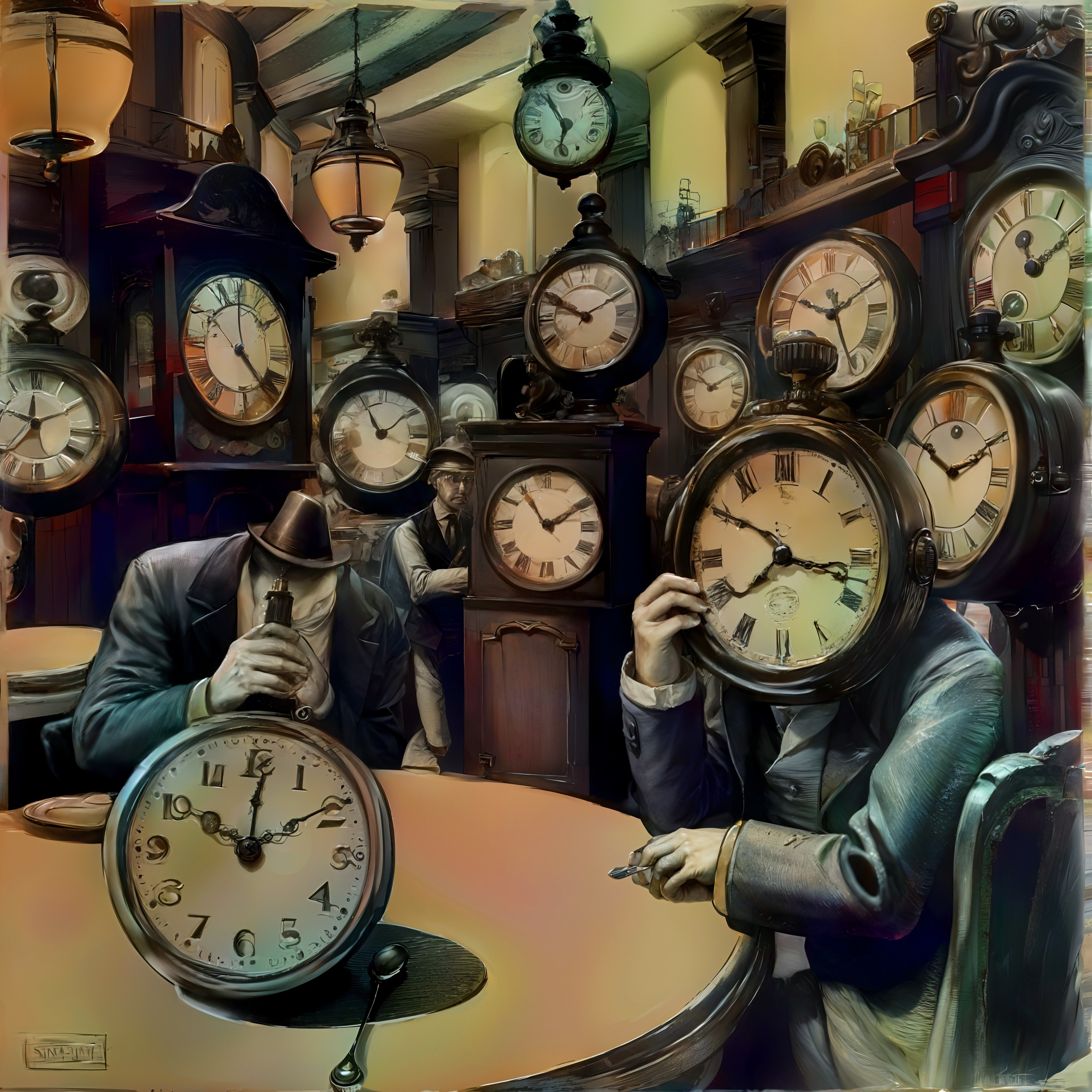 Vintage Clocks and Masked Figures in Surreal Setting