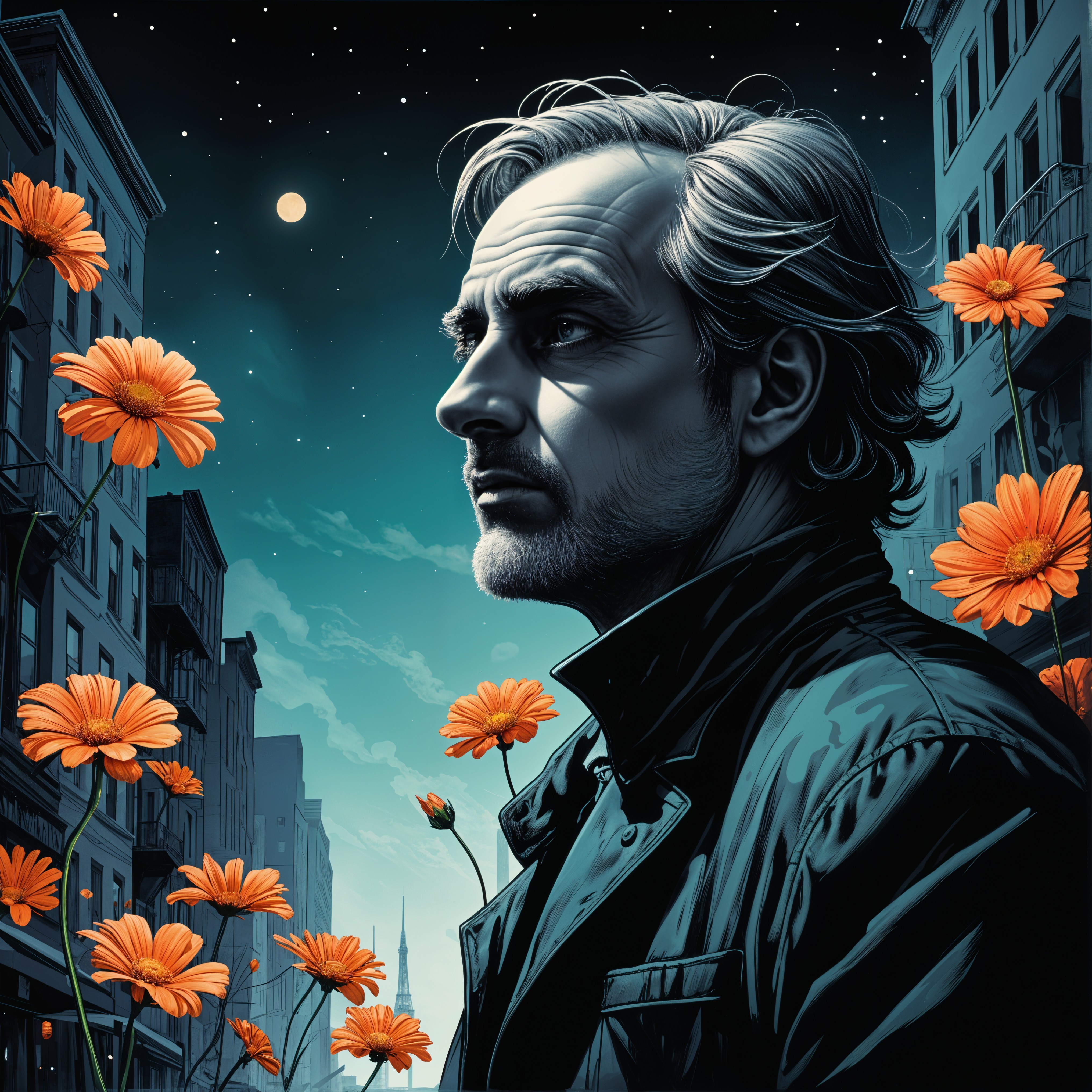 Contemplative Man Surrounded by Orange Flowers at Night