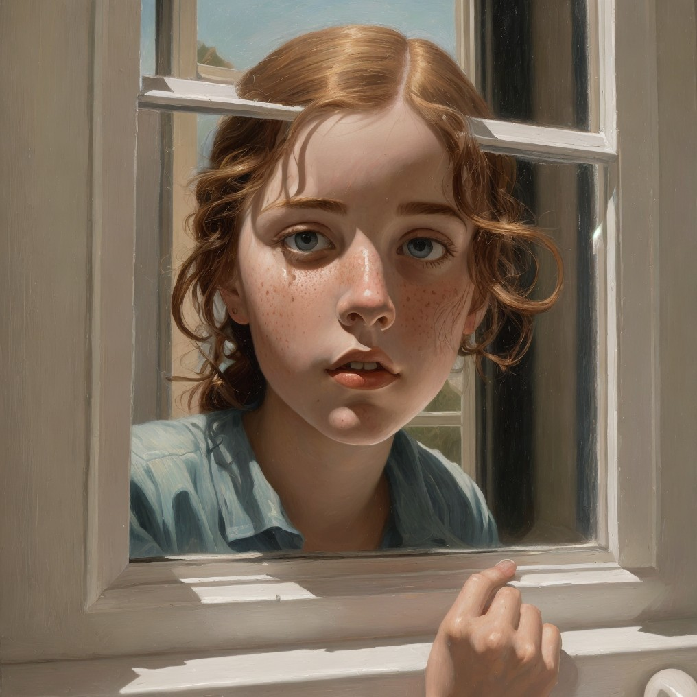 Young girl with curly hair gazing through a window