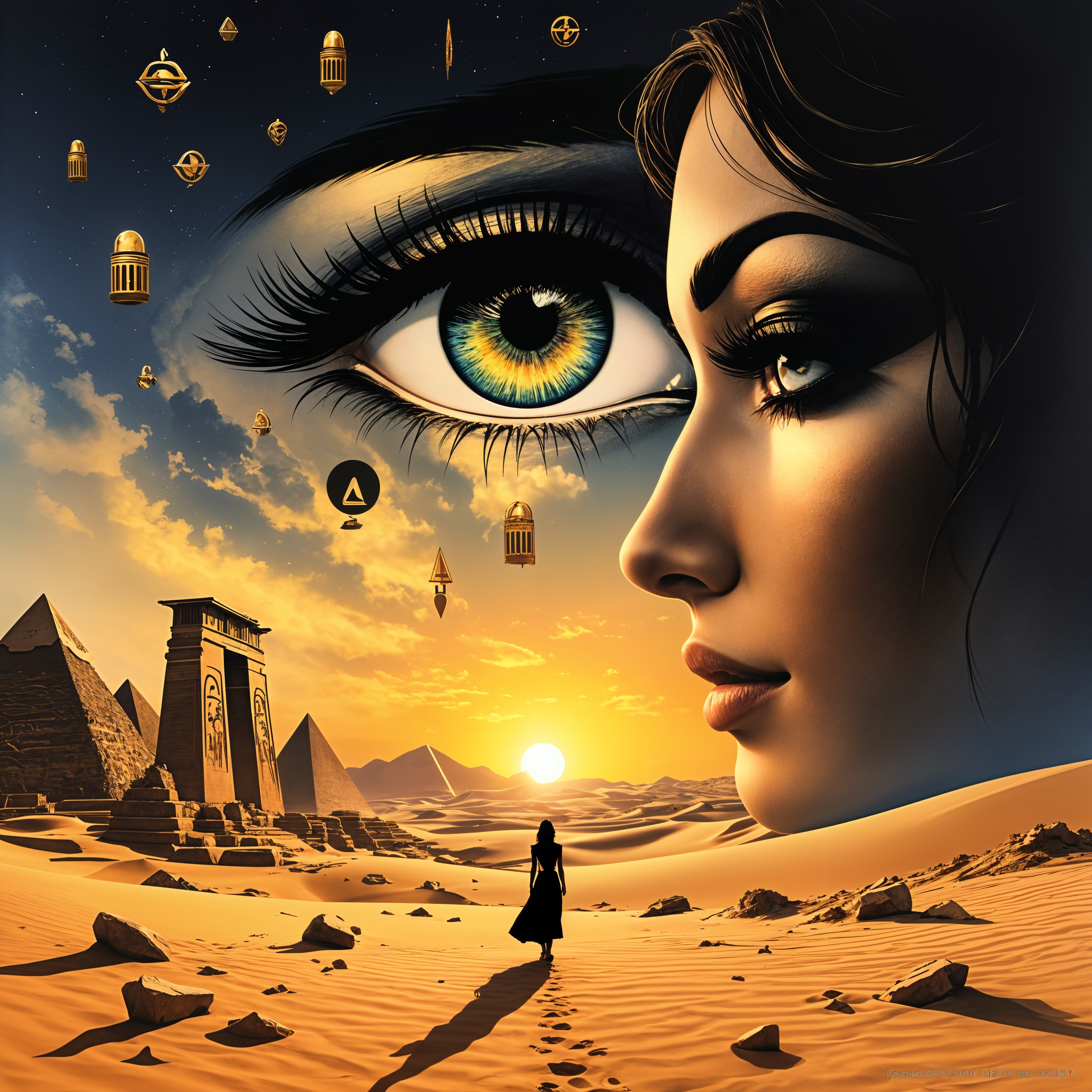 Surreal desert scene with pyramids and temple at sunset