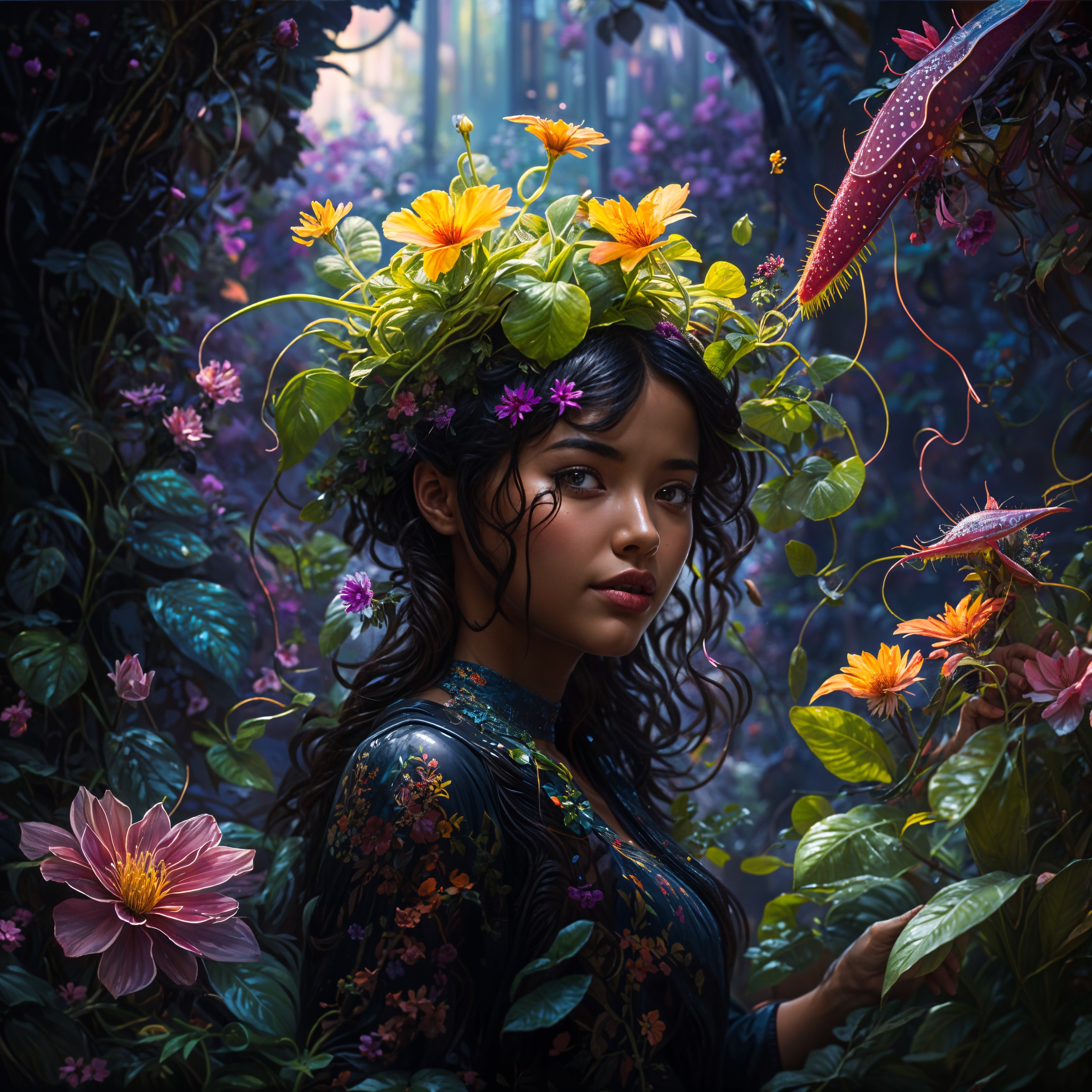 Young Woman in Mystical Forest Surrounded by Flora