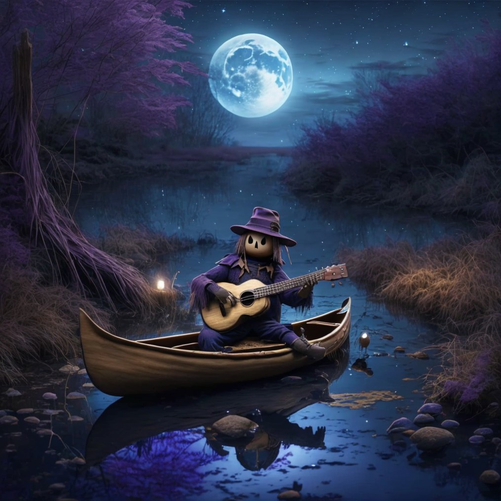 Whimsical Scarecrow in Canoe Under Moonlight