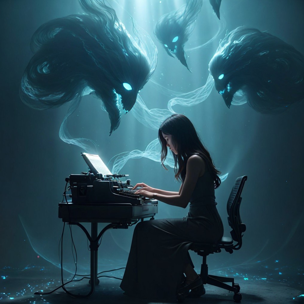 Woman Writing at Typewriter with Ghostly Figures