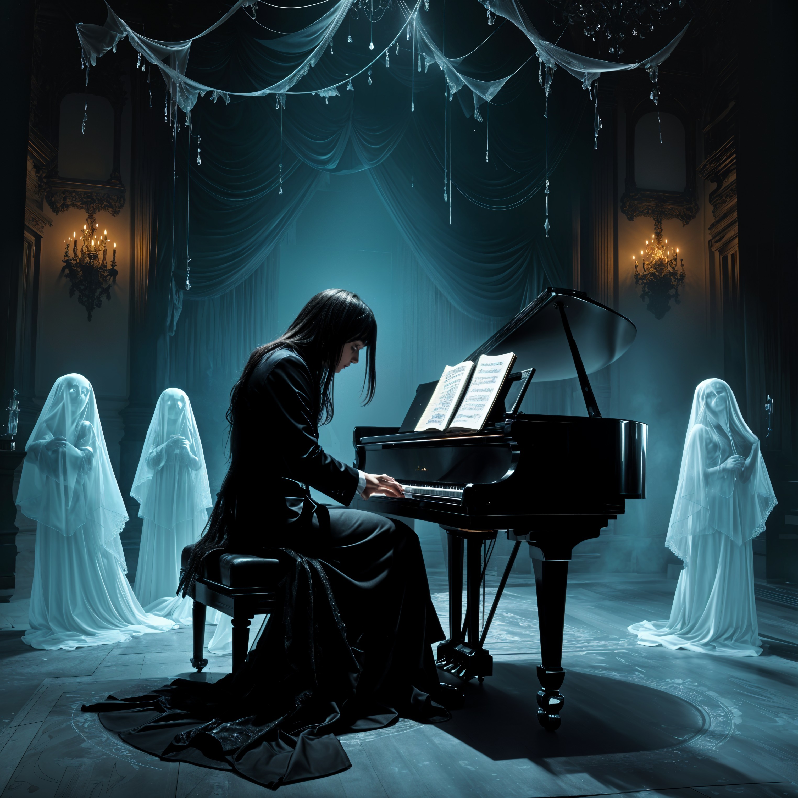 Pianist in Elegant Room with Ghostly Figures Observing