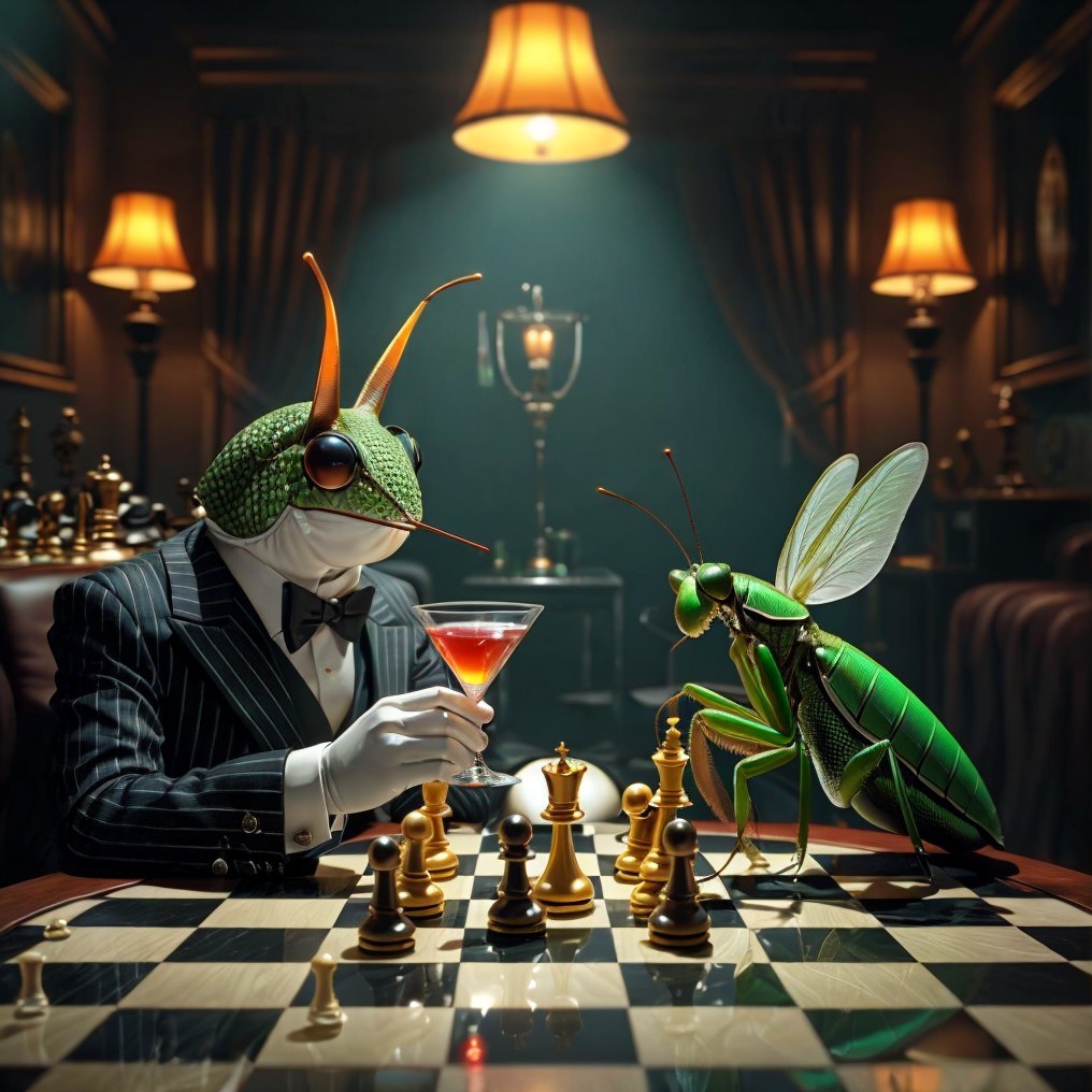 Grasshoppers in Tuxedos Play Chess in Elegant Room