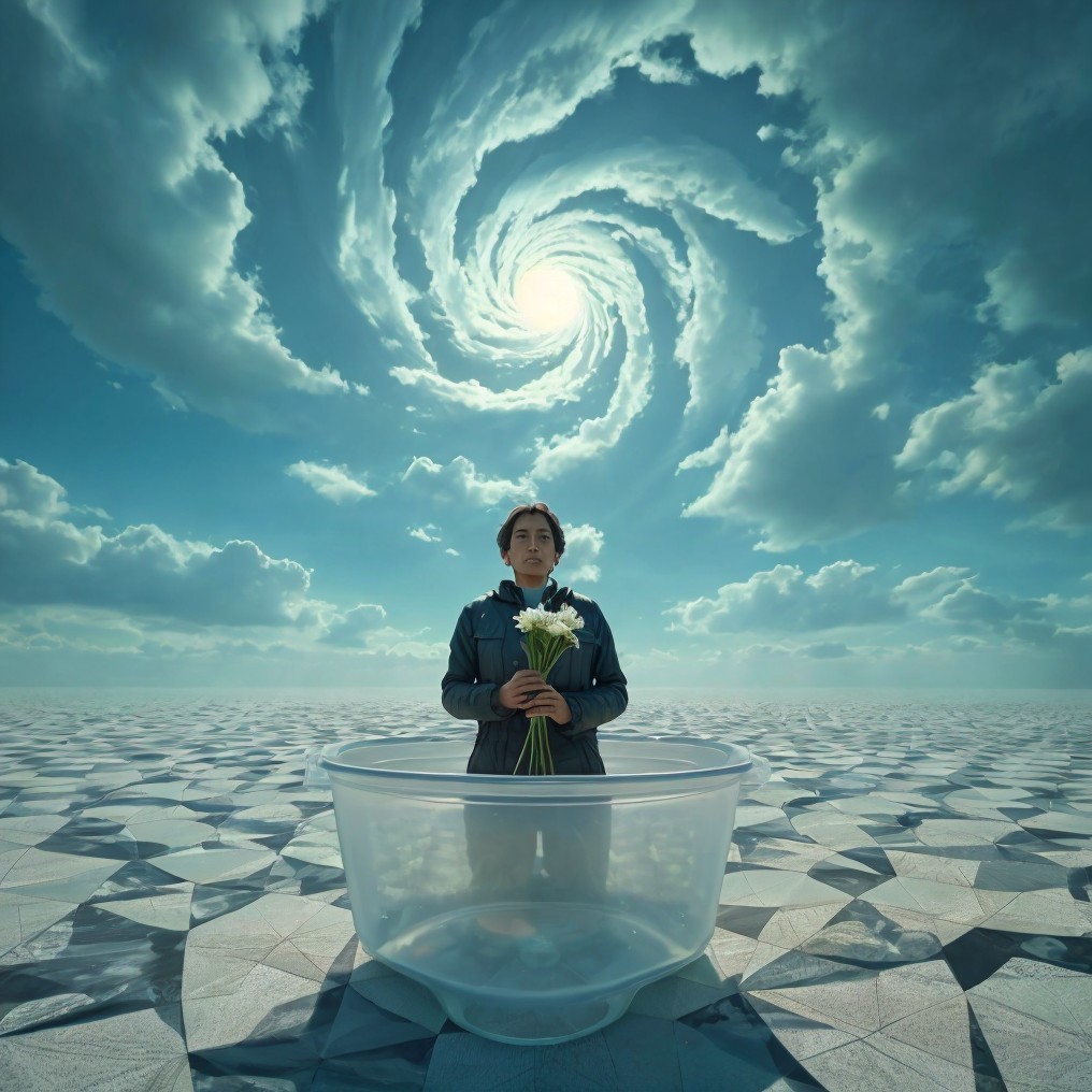 Surreal Scene of Young Person in Transparent Tub