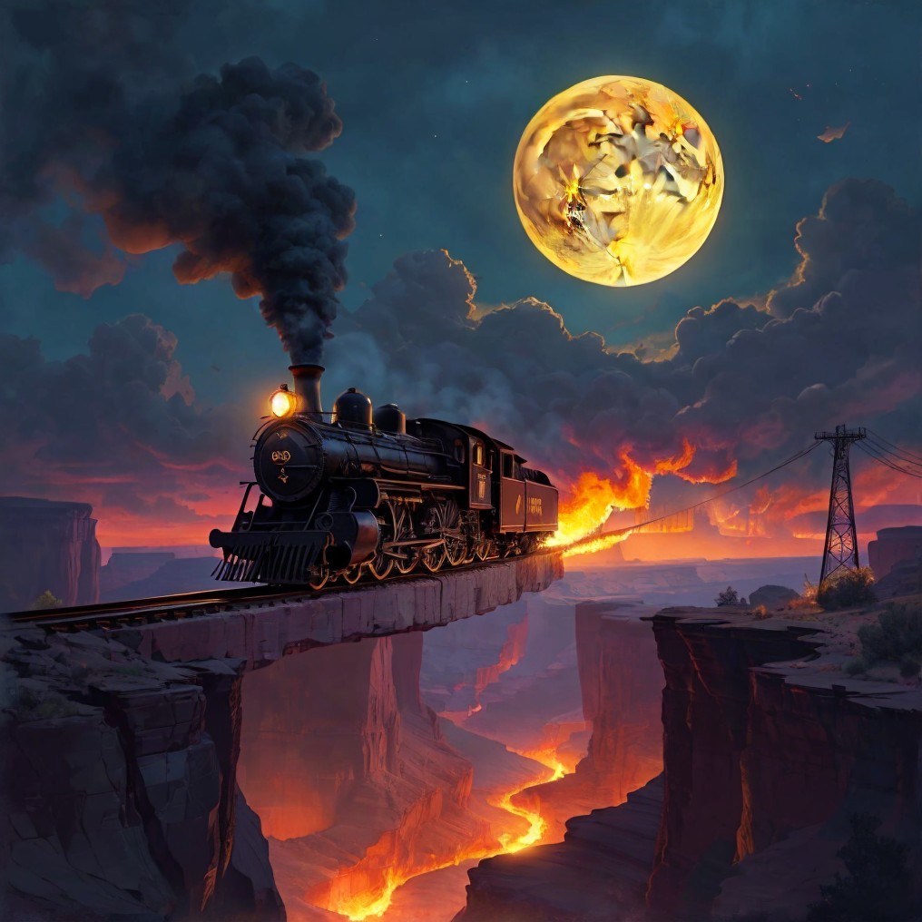 Vintage Steam Train on Bridge Over Lava Chasm