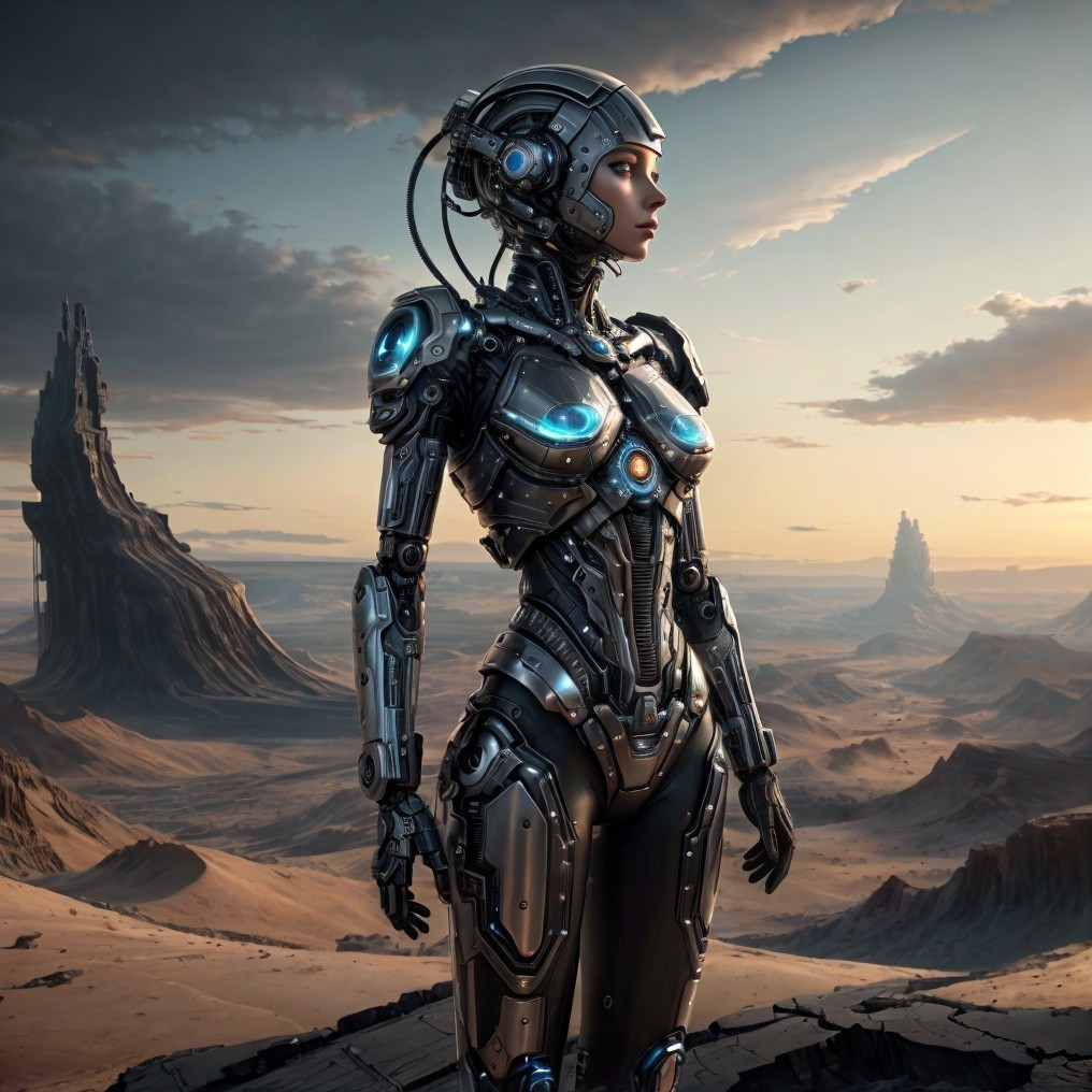 Futuristic female robot in a desolate landscape scene