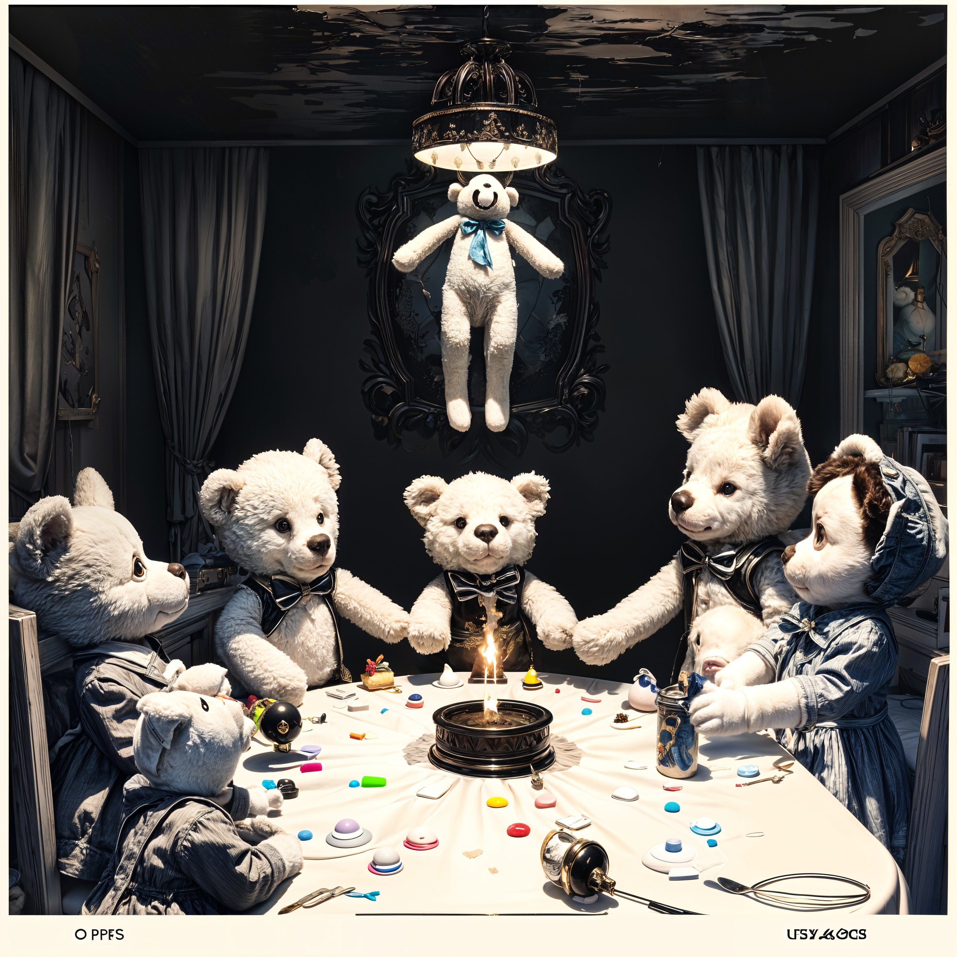 Whimsical Teddy Bear Tea Party in Dimly Lit Room