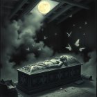 Ornate sarcophagus in a dimly lit chamber scene