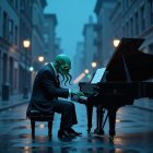 Tentacled Creature Playing Piano on Foggy Street