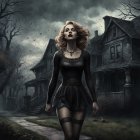 Auburn-haired woman in black dress on deserted street