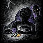 Skeletal Figure with Glowing Eyes Surrounded by Light