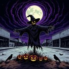 Spooky Cartoonish Scarecrow in Halloween Plaza Scene