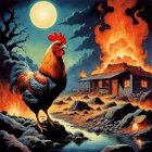 Rooster in Front of Flaming Farmhouse at Night