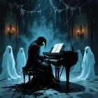 Pianist in Elegant Room with Ghostly Figures Observing