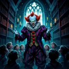 Sinister Clown in Dim Library with Pale Children