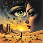 Surreal desert scene with pyramids and temple at sunset