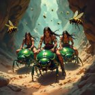 Warriors on Beetles in a Vibrant Canyon Scene