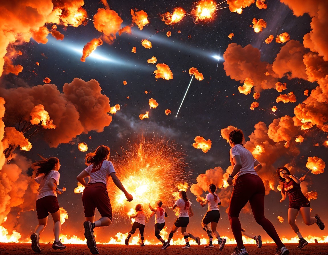Athletes fleeing an explosion under a night sky