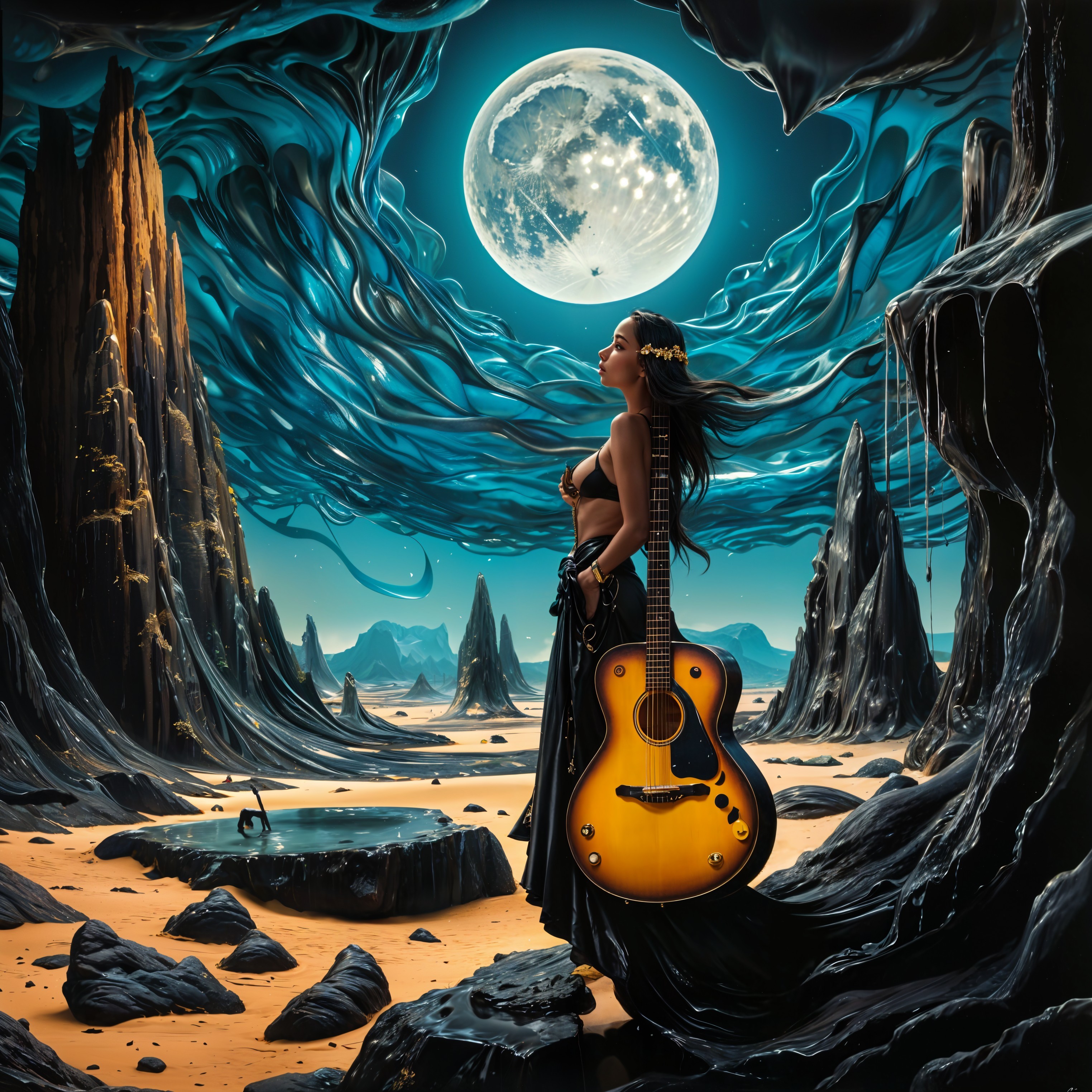 Surreal Landscape with Woman, Guitar, and Full Moon