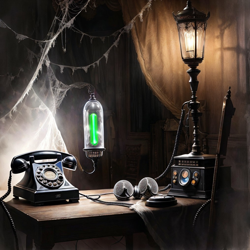 Vintage Phone and Retro Devices in Dimly Lit Room