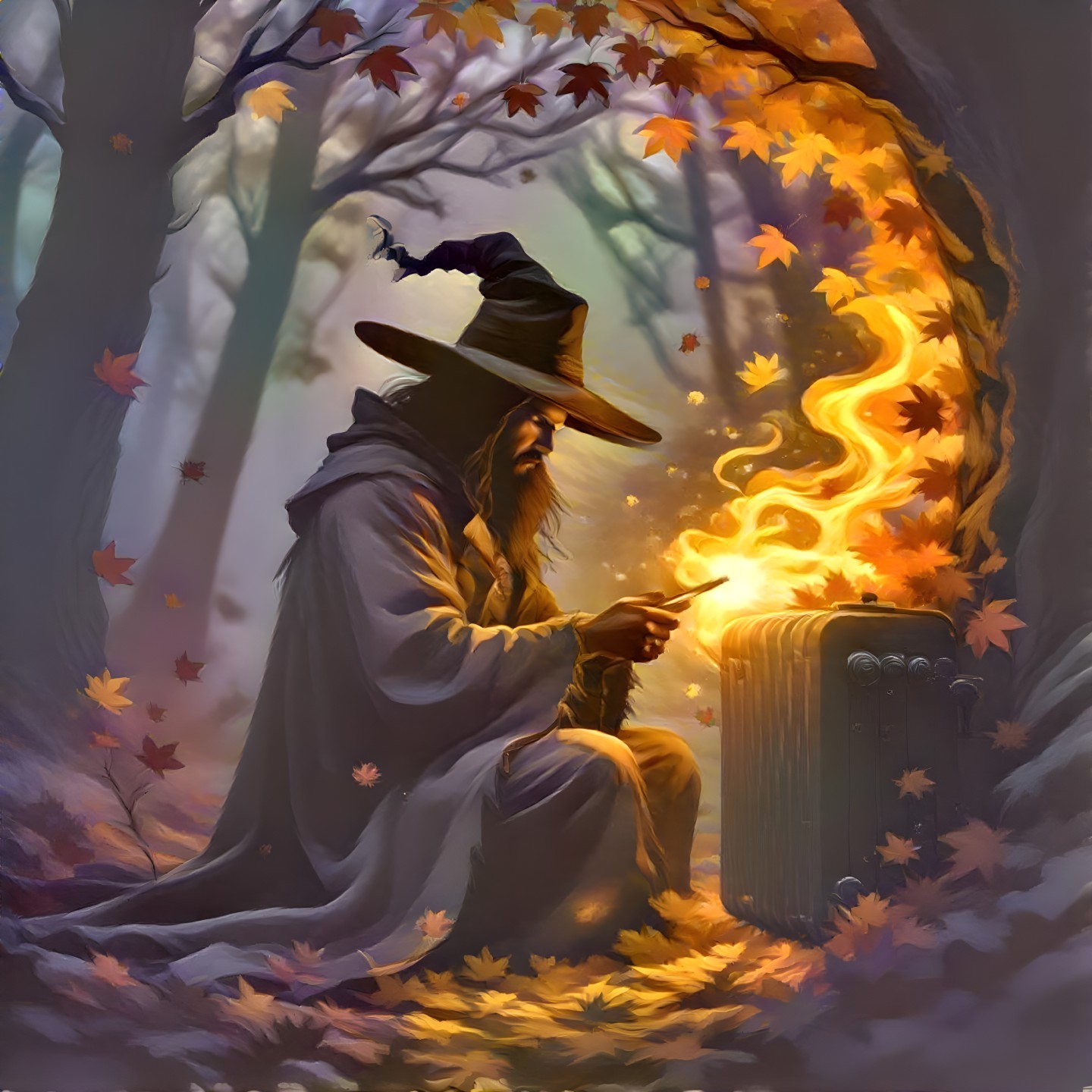 Mystical Figure in Serene Forest with Autumn Leaves