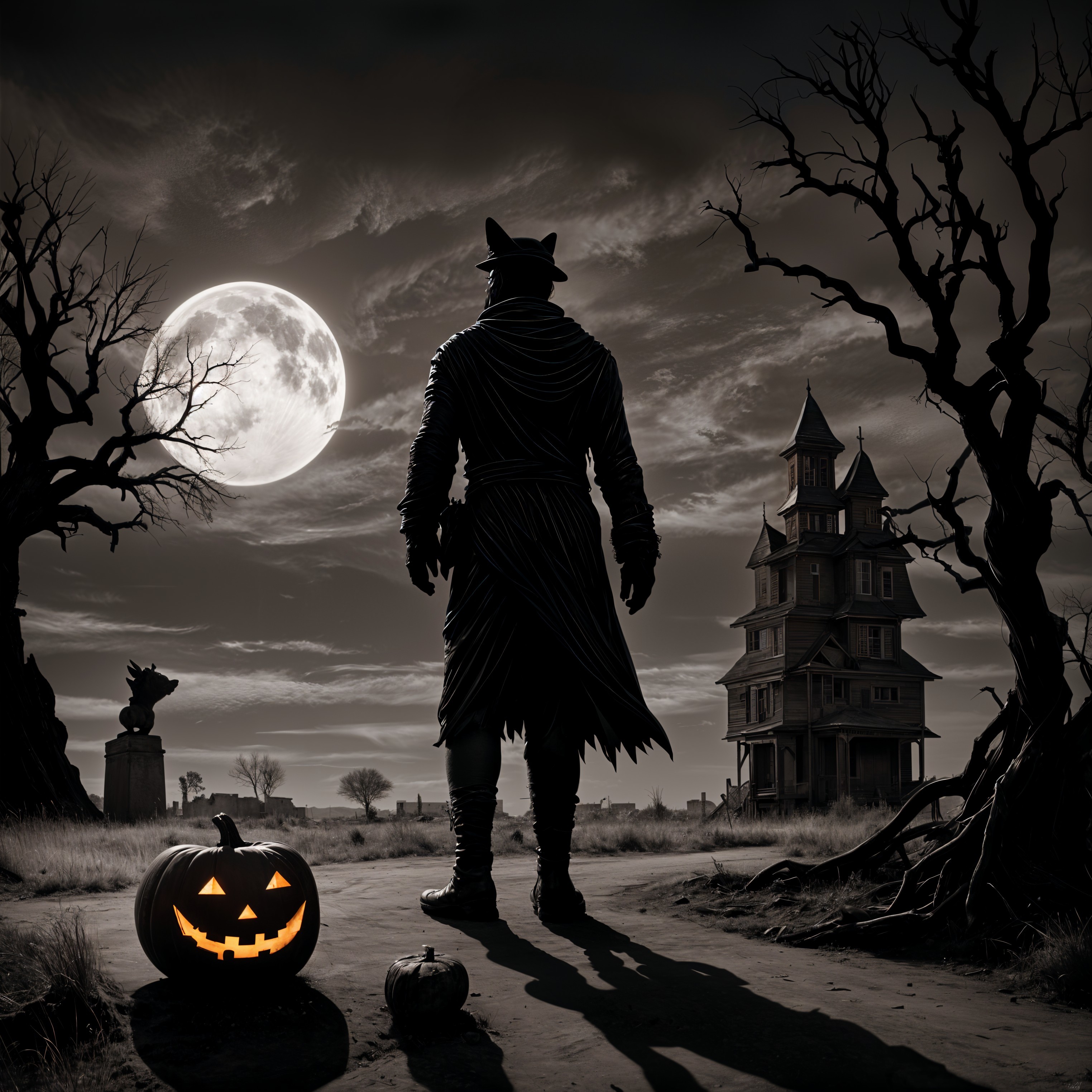 Mysterious Figure in Moonlit Haunted Landscape