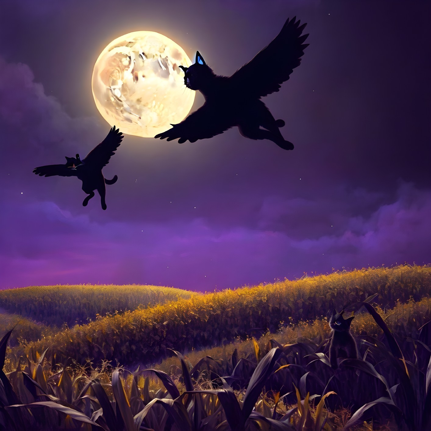 Black Cats with Wings Soaring Under Full Moon