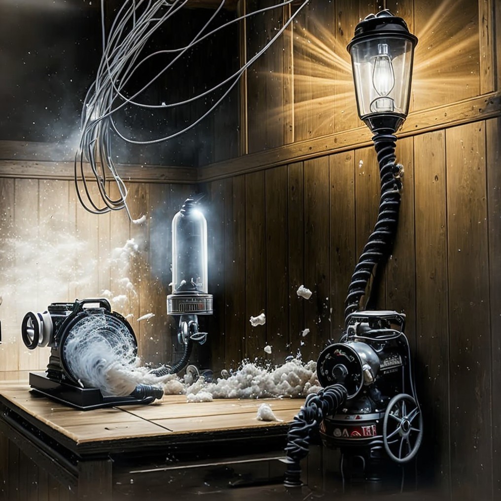 Dimly Lit Room with Vintage Machinery and Fluff Clouds