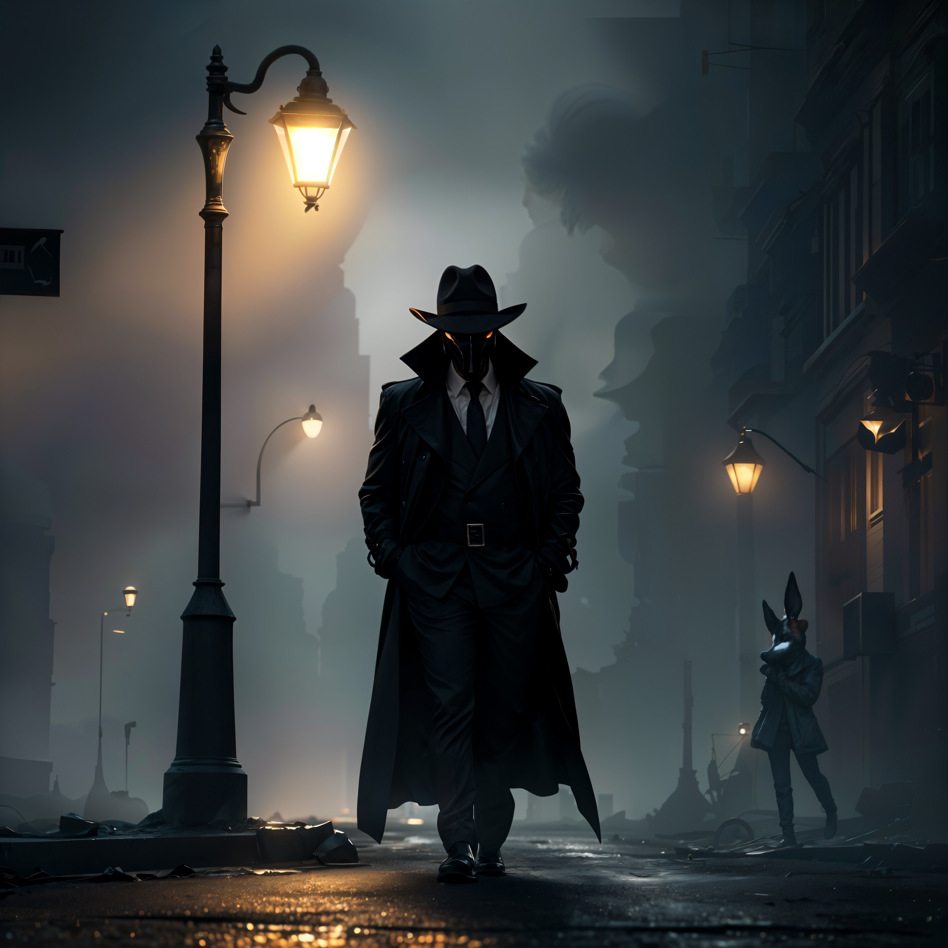Mysterious Figures in a Dimly Lit Misty Street