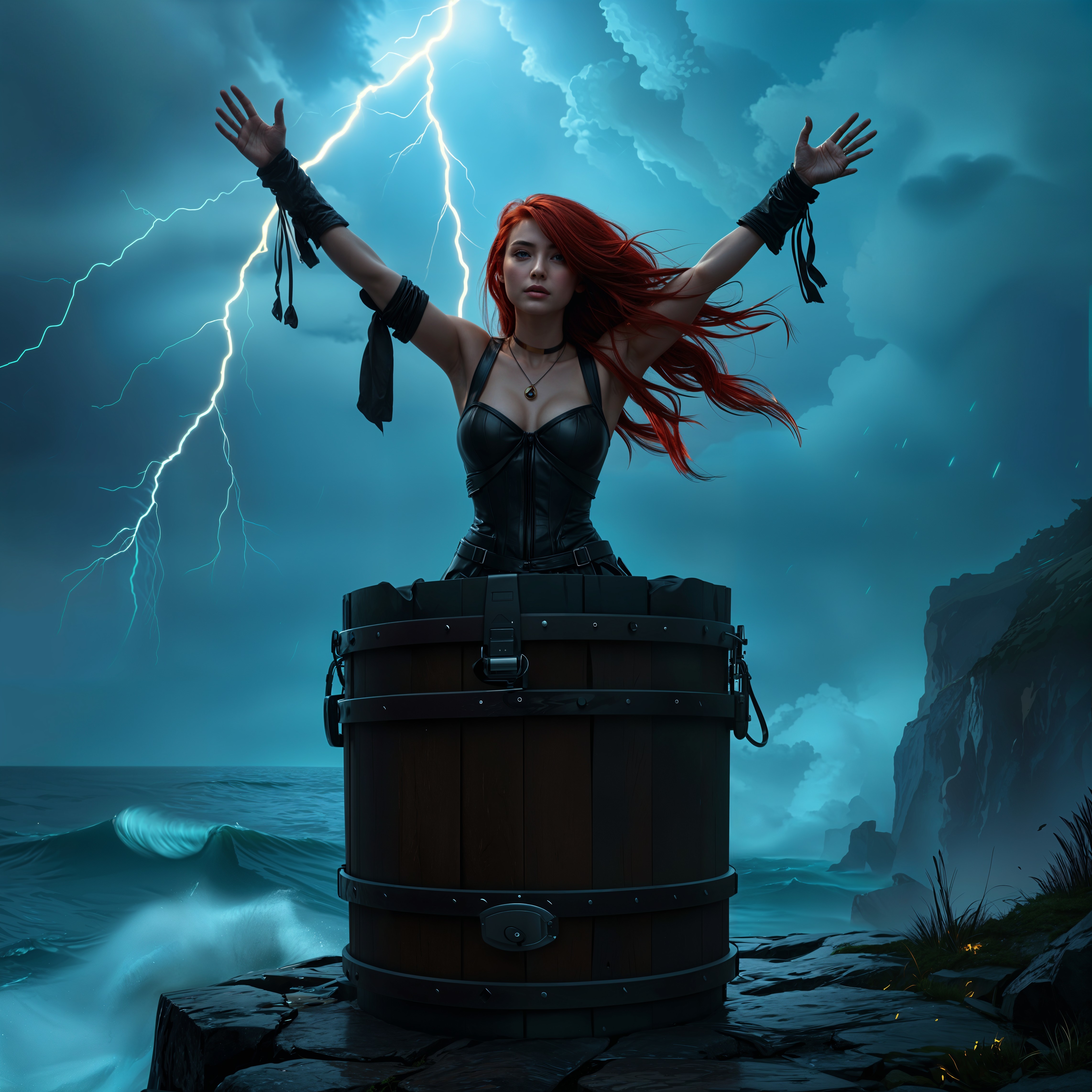 Woman in corset casting spell in stormy setting