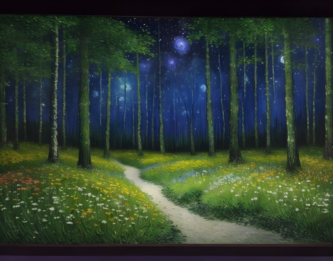 Vibrant Forest Scene Under a Starry Night Sky
