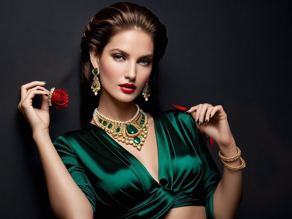 Elegant Woman in Green Satin Top and Gold Jewelry