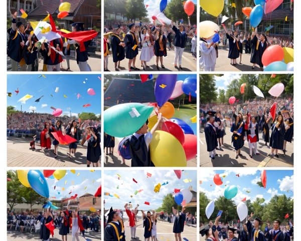 Vibrant Graduation Celebration with Caps and Balloons