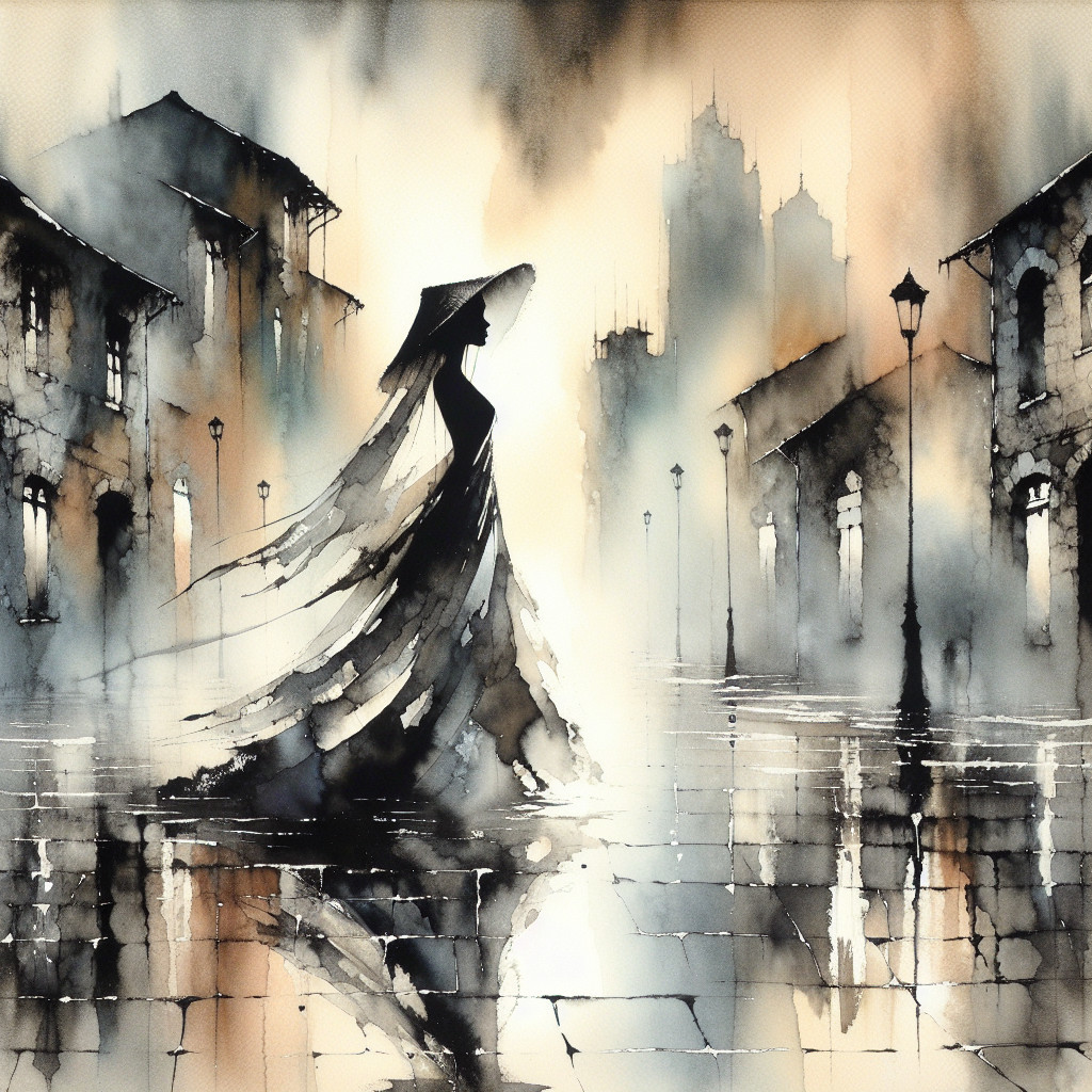 Foggy Cityscape with Shadowy Buildings and Mist