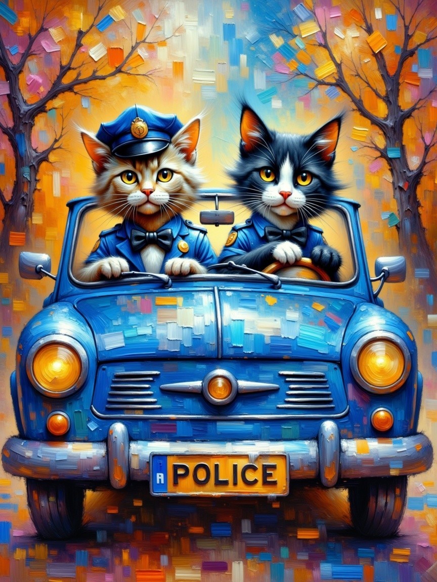 Cats Dressed as Police Officers in Vintage Car
