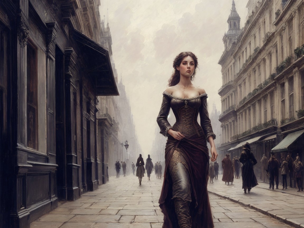 Elegant woman in vintage gown on cobblestone street