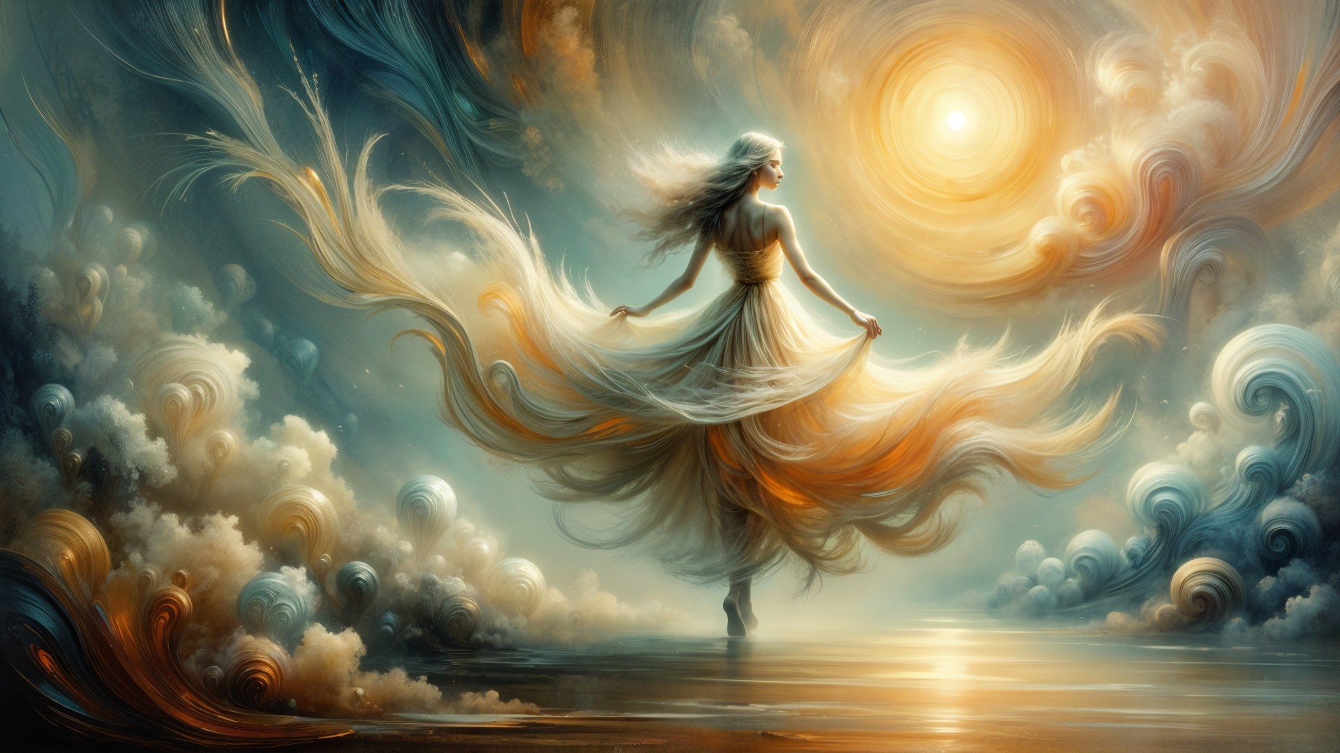 Mystical Figure by Water with Enchanting Landscape